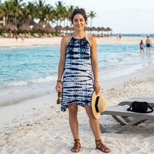 Sandiva Blue & White Tie Dye Halter Drop Back Hi Low Mini Dress Size Small